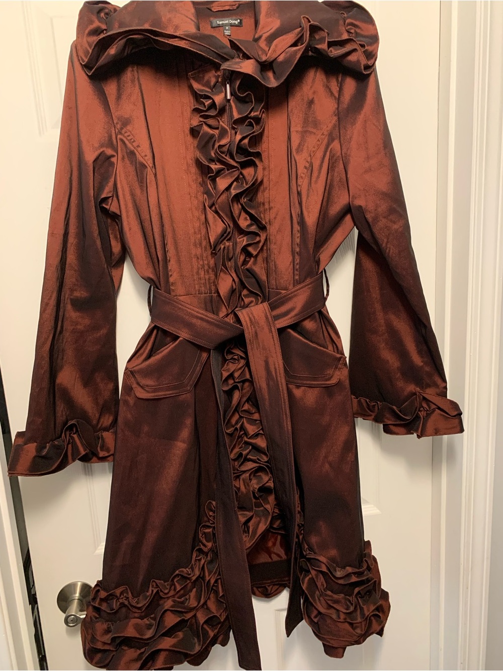 Samuel Dong Satin Jacket in Deep Brown-Rust